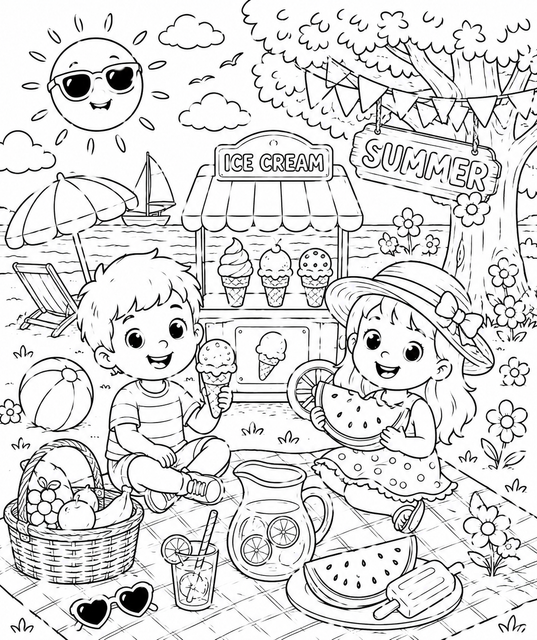 Printable Summer Picnic Fun colouring page for kids