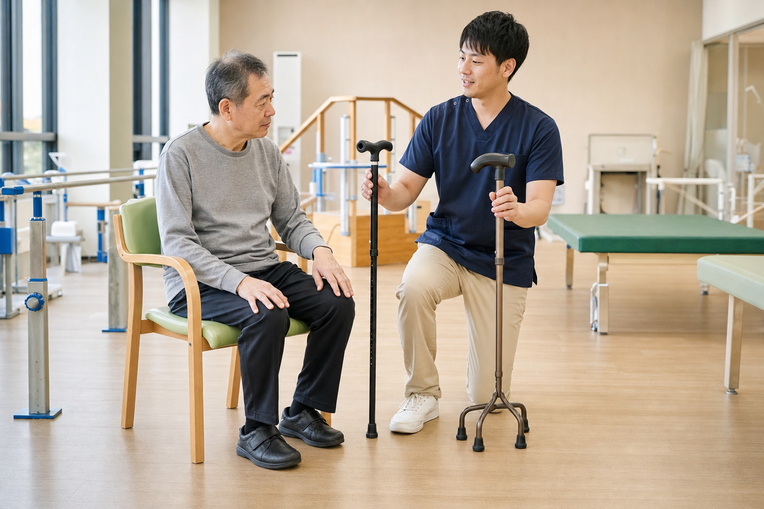 1本杖と多点杖を比較する脳卒中後の方と理学療法士
