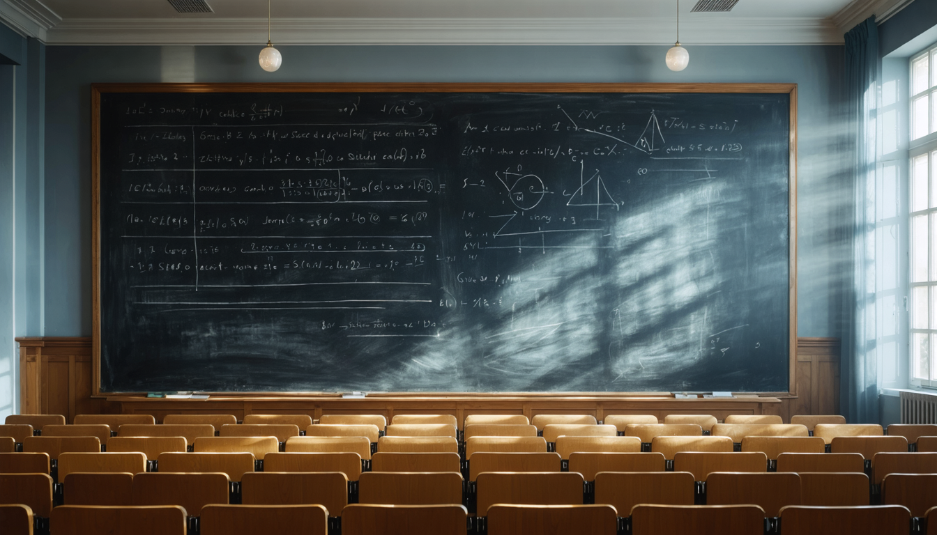 A half-finished mathematical proof written in chalk on a blackboard, the last line trailing off into blank space, classroom empty and lit by afternoon sun.