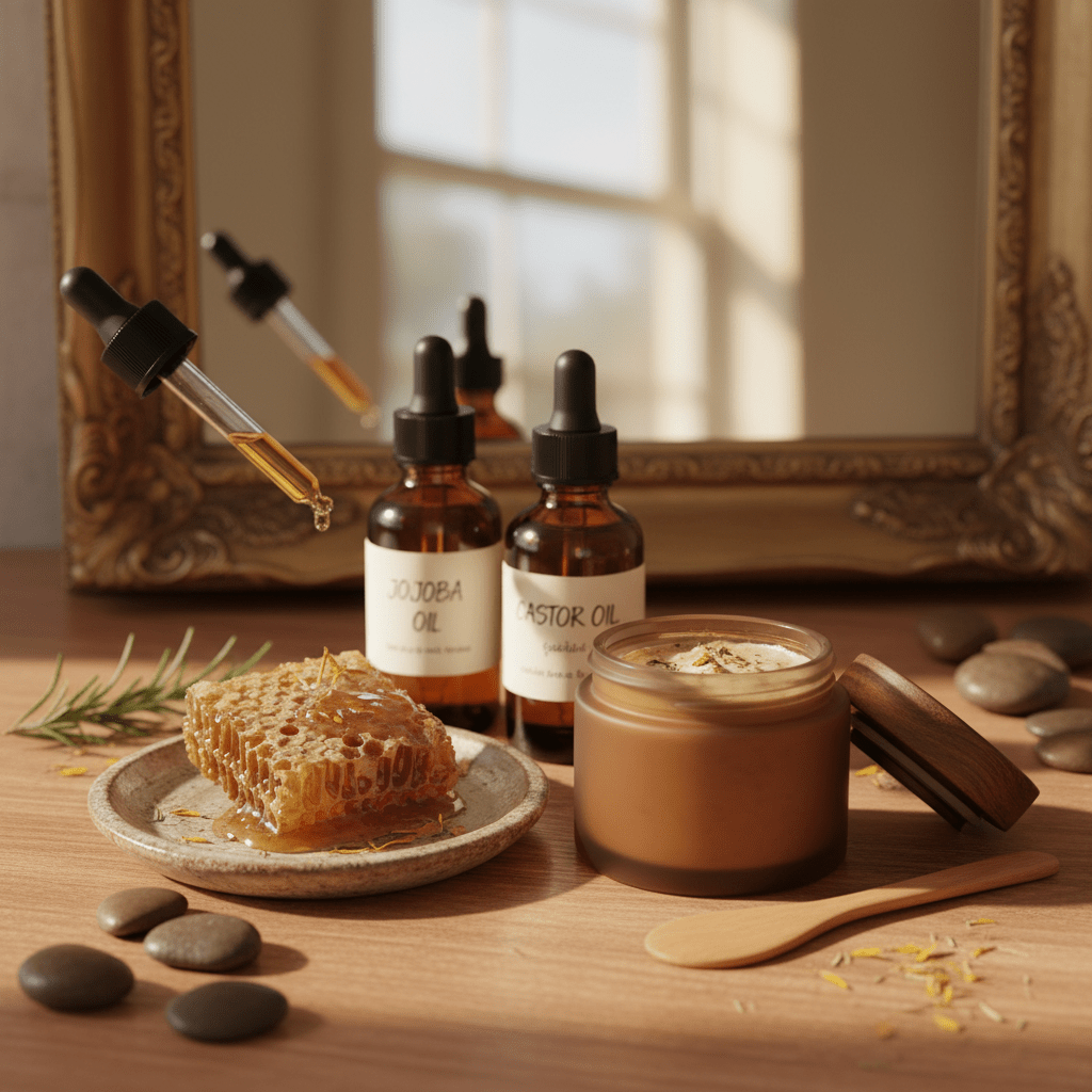 Natural haircare vanity with beeswax balm and oils
