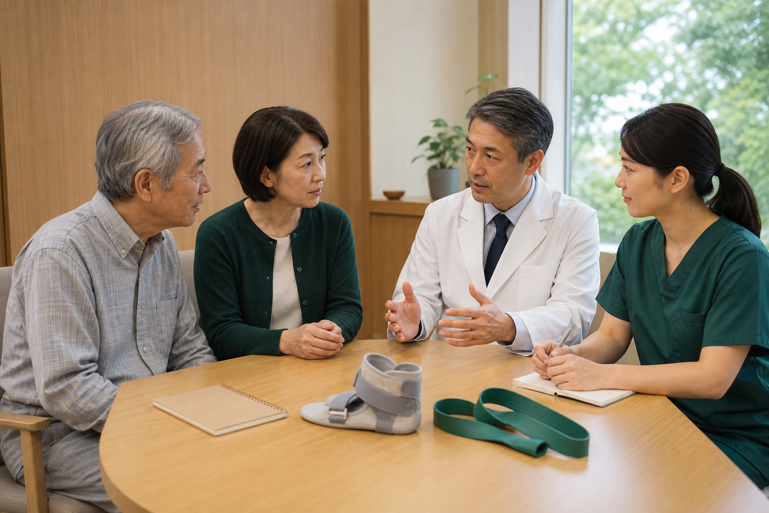 本人と家族が医師やリハビリ専門職と痙縮ケアを相談する場面