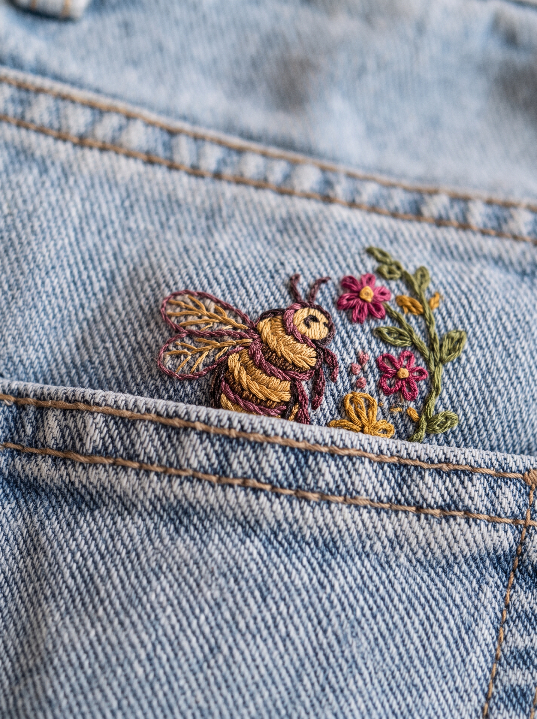 Bee & Wildflowers Hoop embroidery design shown from another perspective