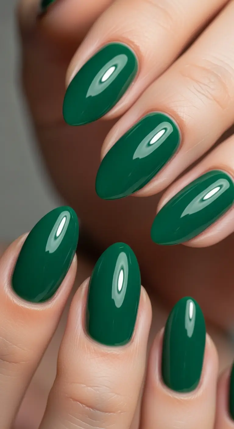 Glossy Deep Jade Short Almond Nails
