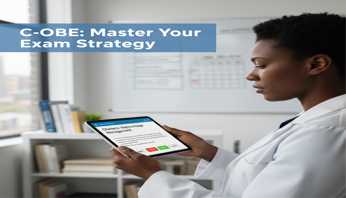 C-OBE: Master Your Exam Strategy A focused healthcare professional using a tablet with digital flashcards for C-OBE study, showing a structured and strategic approach to obstetric emergency exam preparation.