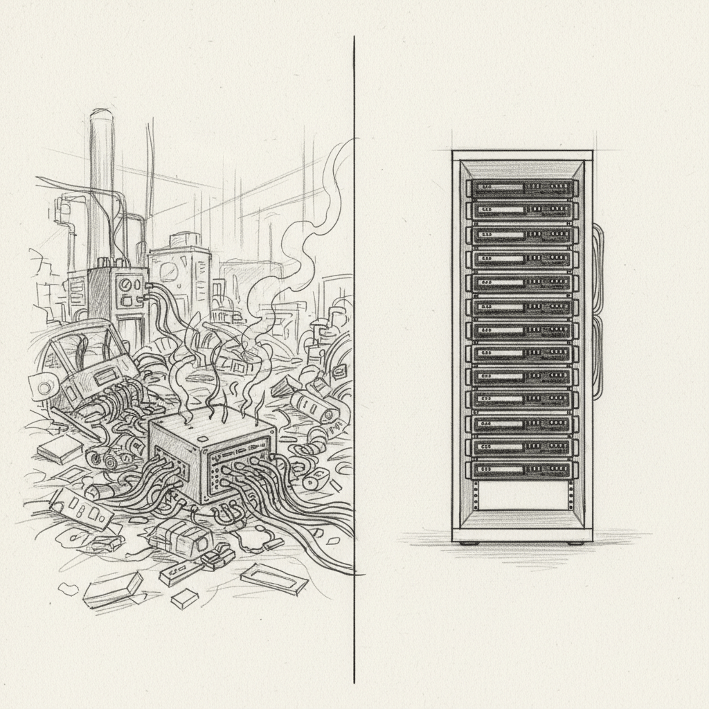 Old, chaotic server setup with tangled wires and smoke on the left; modern, organized server rack on the right, illustrating IT transformation for SMB efficiency.