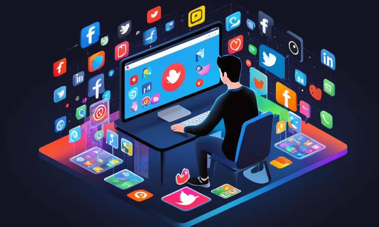 Una persona haciendo clic en su teléfono o pantalla de ordenador rodeado de redes sociales e iconos de Internet.