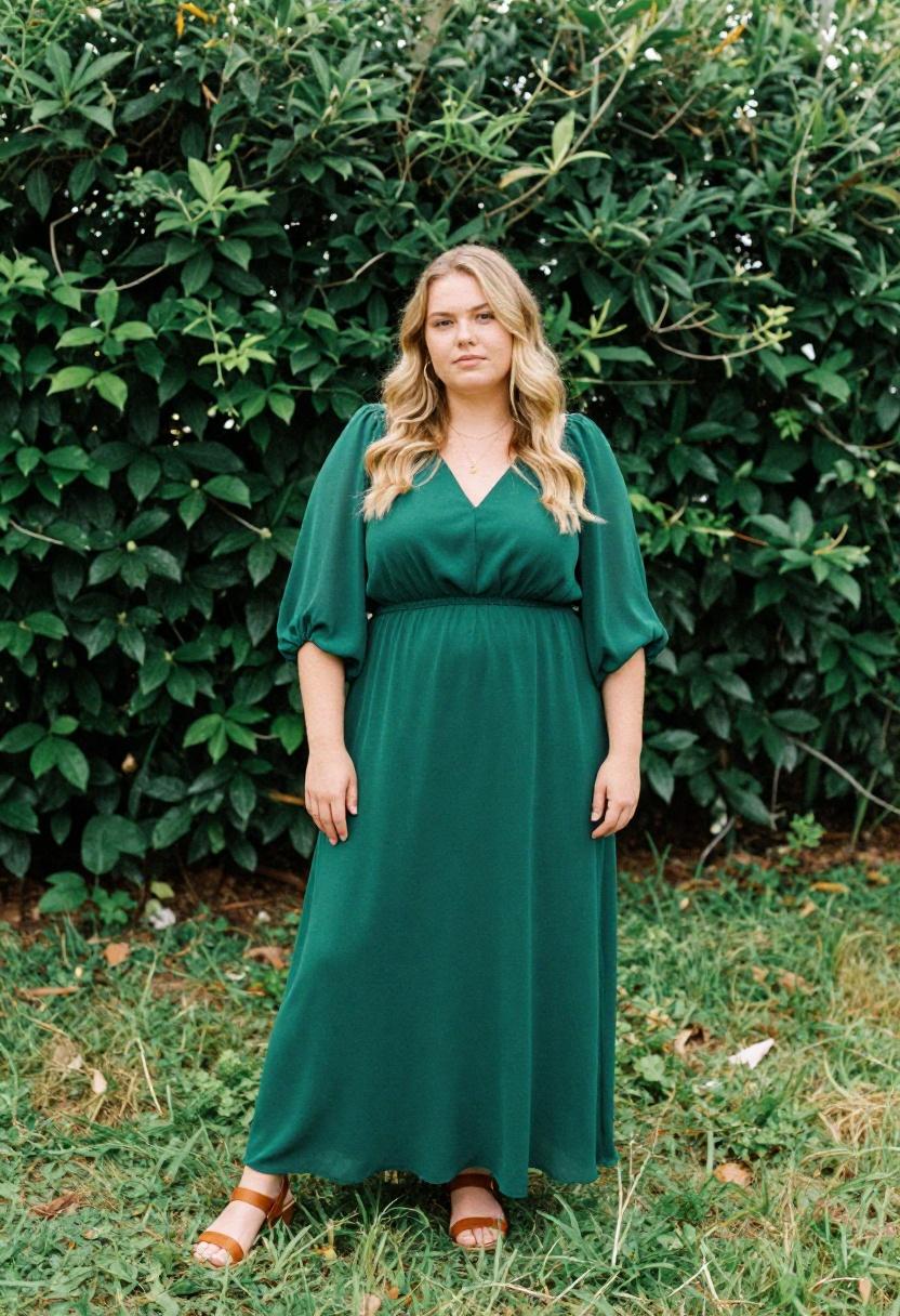 Plus size woman in emerald green chiffon puff sleeve maxi dress at a garden party