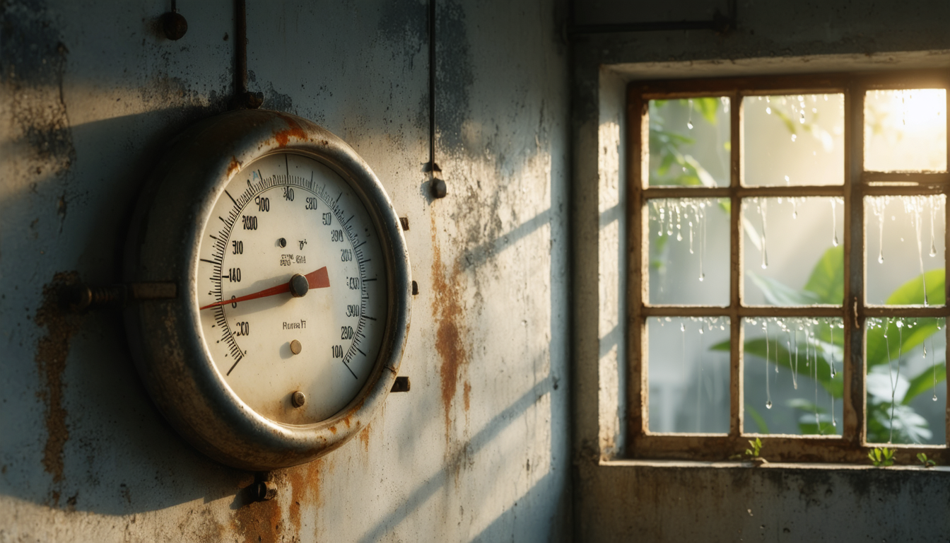 A steel thermometer hanging in a dim, humid room, condensation visible on its glass surface, with warm orange light filtering through a single window.