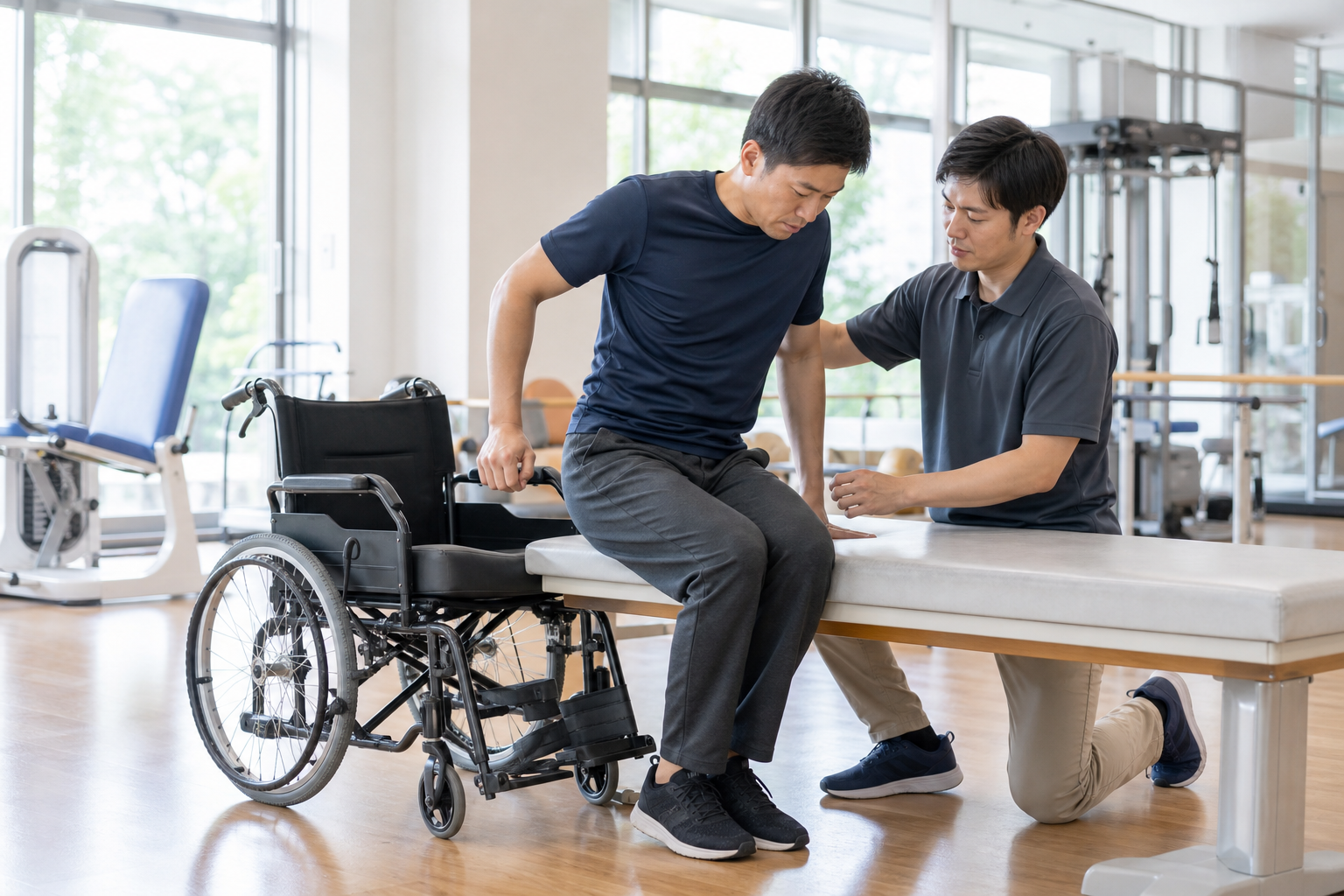 車椅子からベッドへの安全な移乗動作を練習する場面