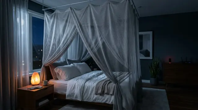 Modern bedroom with silver Faraday canopy over bed, soft nighttime lighting, tranquil atmosphere
