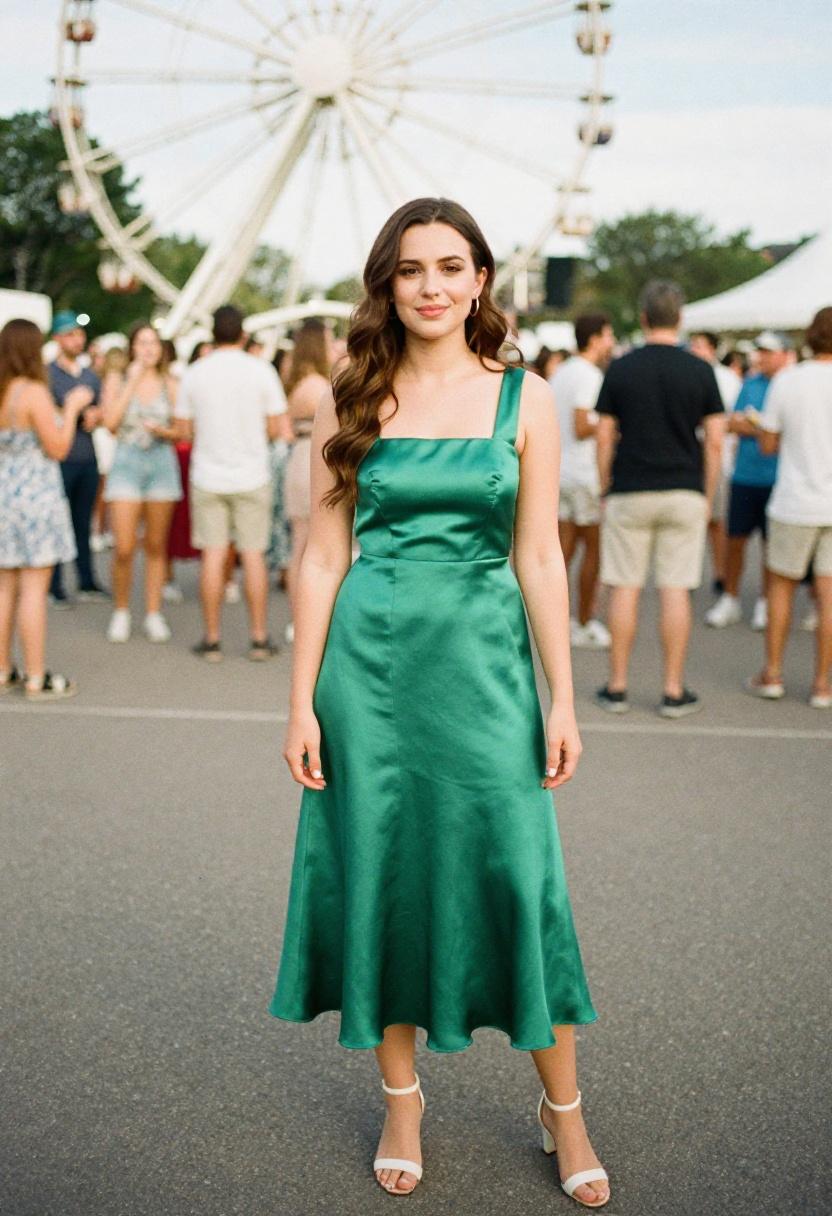 Jewel-green satin midi bridesmaid dress worn with confidence at a sunny outdoor summer celebration