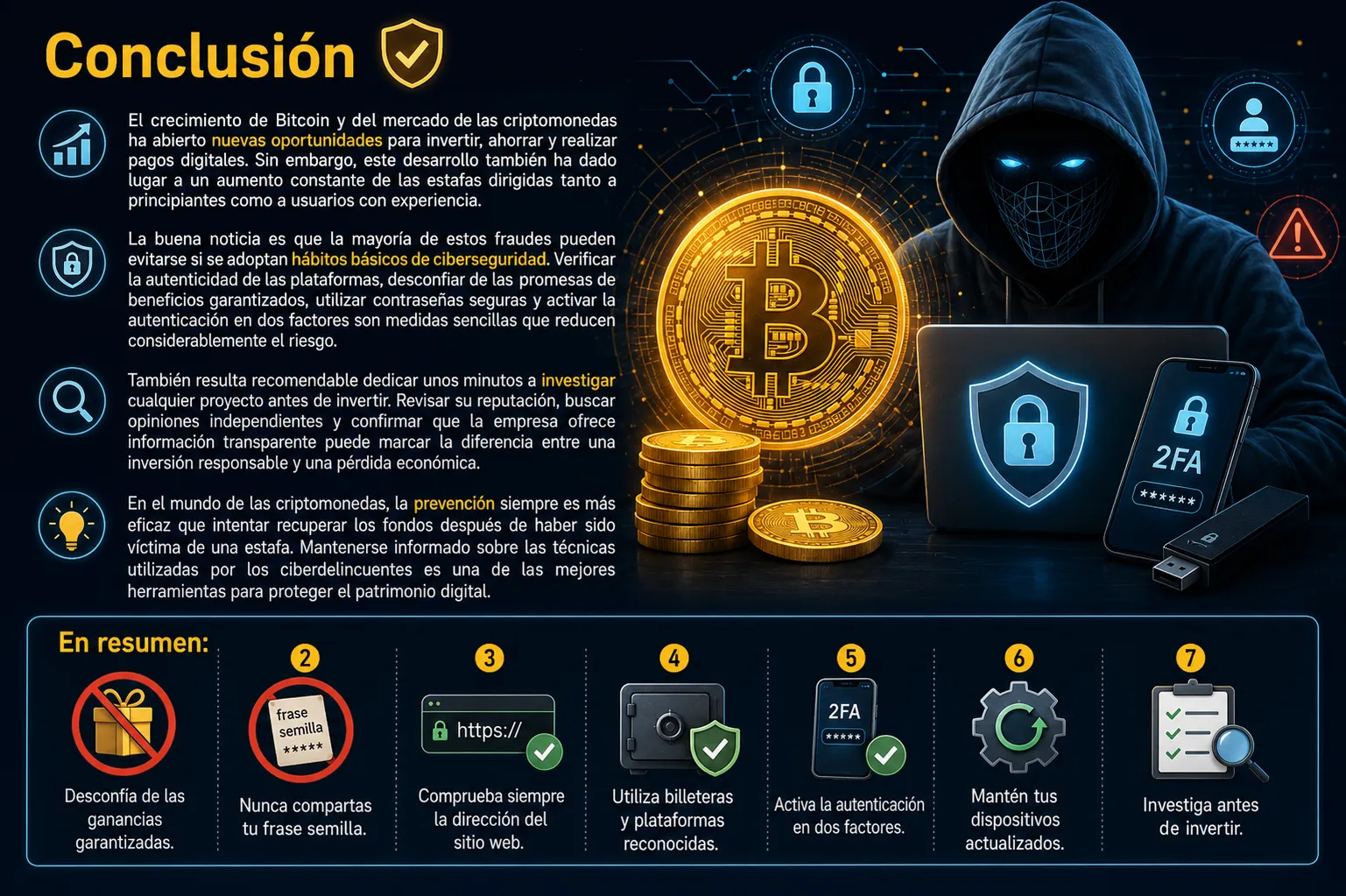 Advertencia sobre estafas con Bitcoin y seguridad en criptomonedas