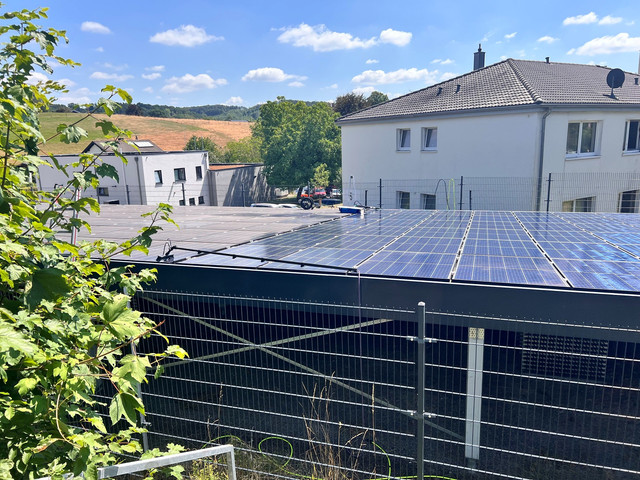 Reinigung der Freiflächenanlage in Lindlar mit Teleskopstange und weicher Bürste – gereinigte Module mit Spiegelglanz