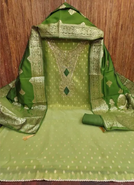 Designer Jacquard Silk Parrot green color Salwar Suit