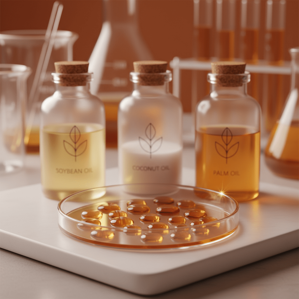 Laboratory-style scene with plant oils and glycerine droplets for source explanation