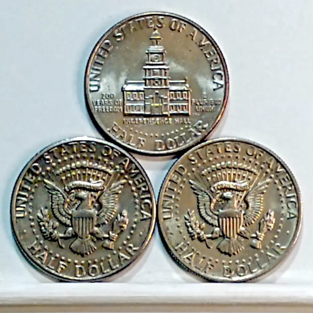 Conjunto com 3 Moedas de Meio Dólar dos Estados Unidos 1971 1973 e 1976 MBC