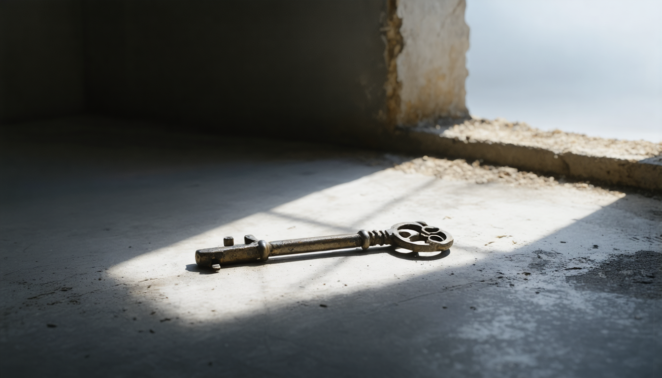 A single skeleton key lying alone on bare grey concrete under a hard overhead light, casting a long shadow in an empty room.