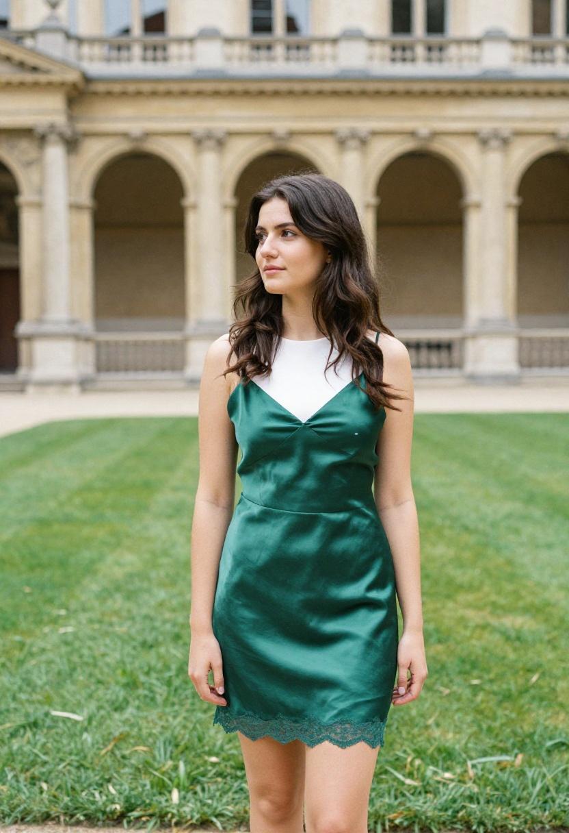Emerald green satin slip dress layered over white top for graduation