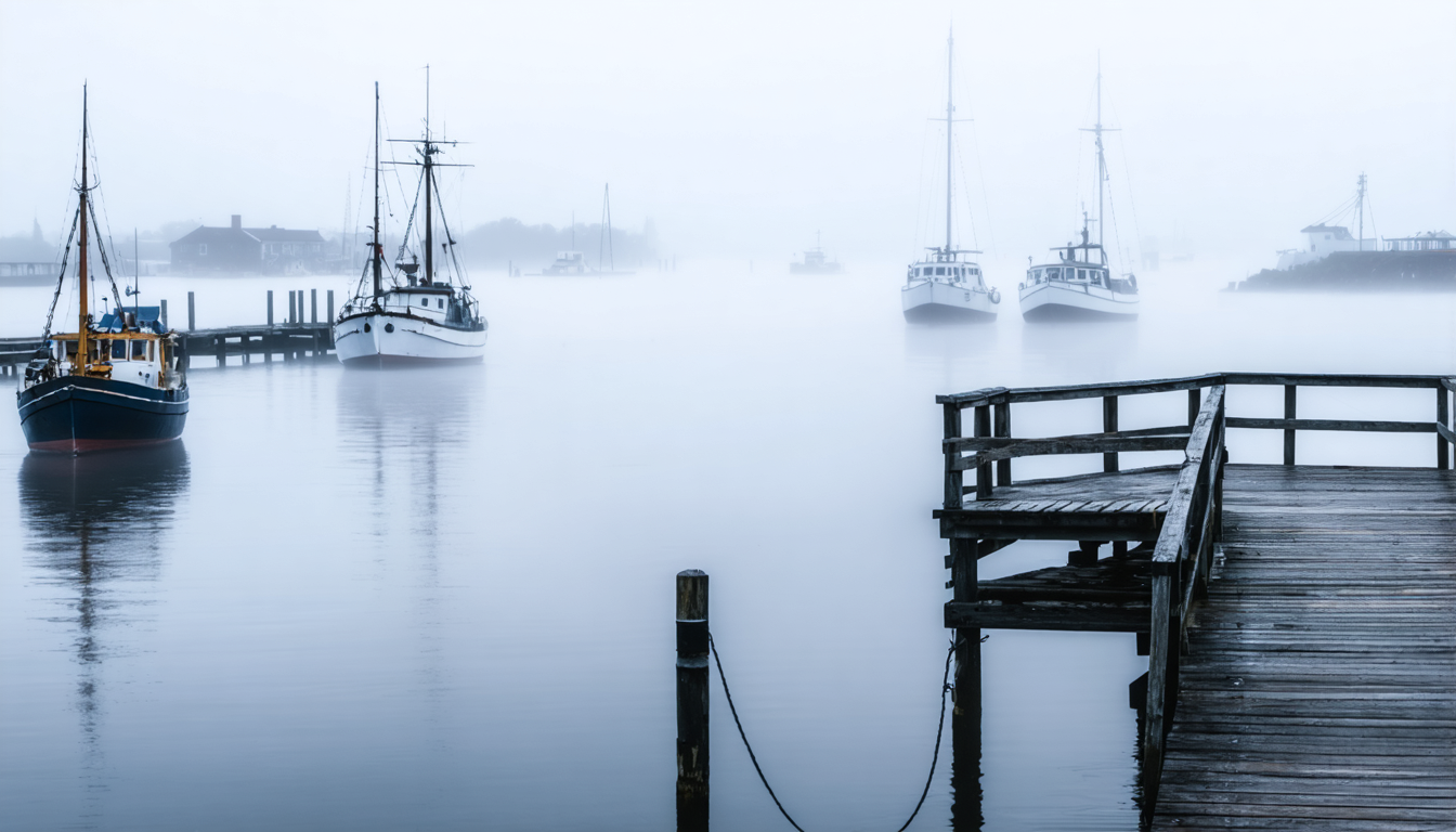 Morning fog obscuring a New England harbor with indistinct boat shapes barely visible