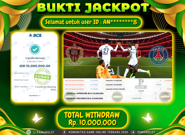 Selamat kepada Member PAMANSLOT Game SBO - Soccer Sportsbook : AN********8