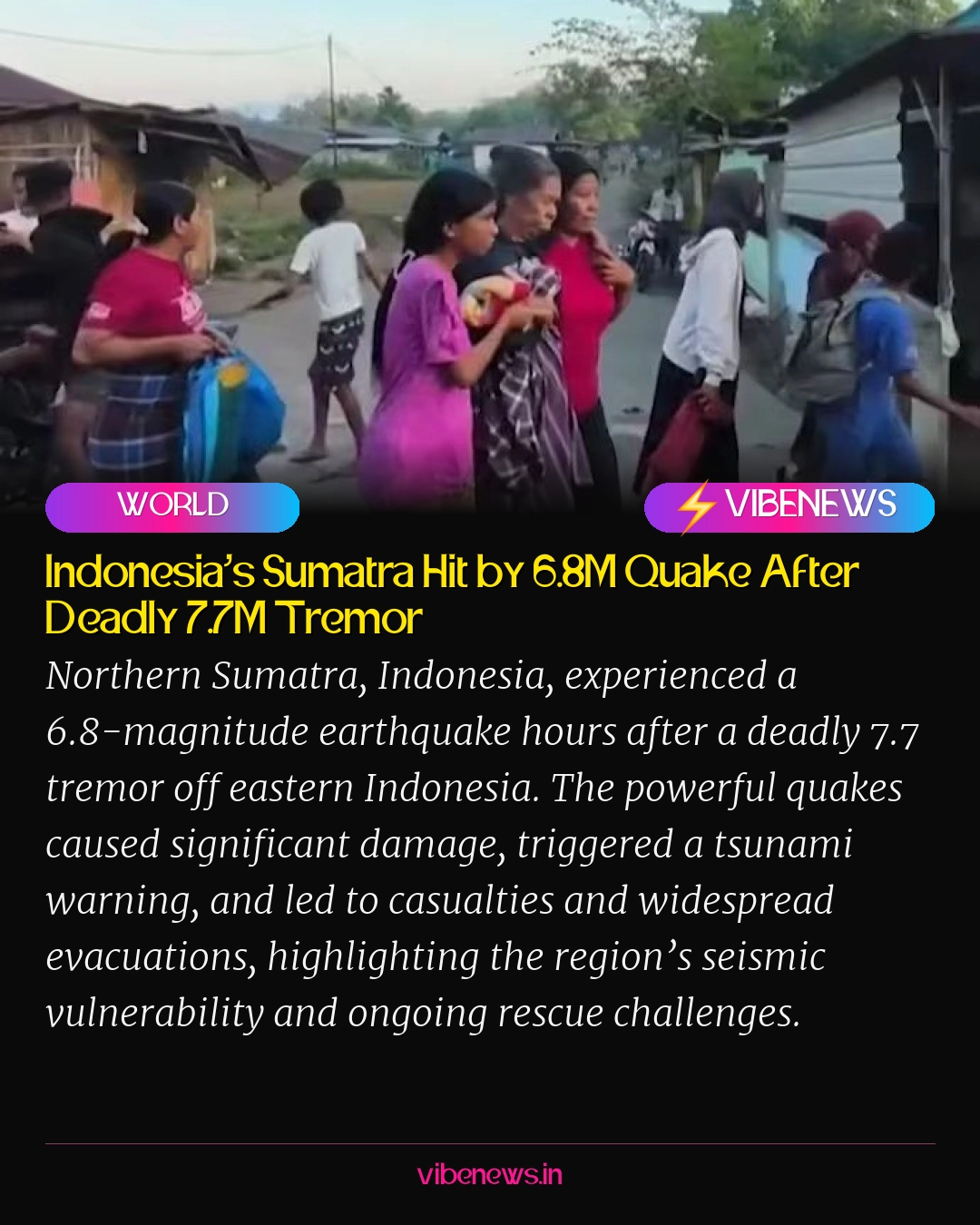 Indonesia’s Sumatra Hit by 6.8M Quake After Deadly 7.7M Tremor