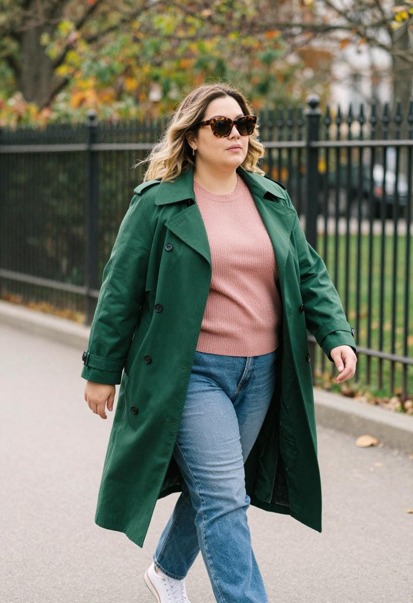 Forest green trench coat blush sweater light-wash jeans park walk plus-size spring layer