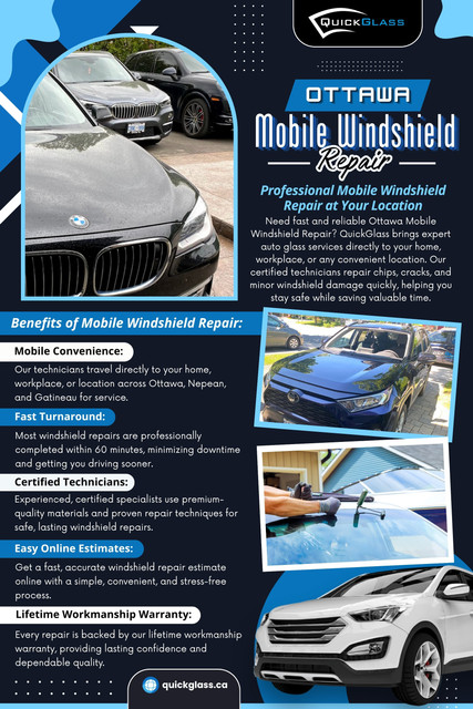 Companies like Quick Glass combine trained technicians, quality repair materials, and professional installation practices with the convenience of mobile service. Whether the job involves Ottawa mobile windshield repair or a complete Mobile windshield replacement Ottawa, the focus remains on delivering dependable workmanship while minimizing disruption to the customer's day.

Related Link: https://quickglass.ca/windshield-replacement-ottawa/

Address: 65 Bentley Ave Unit 13, Nepean, ON K2E 8B4, Canada
Phone: +16132650544

Read Our Blogs:
https://quickglassottawa.blogspot.com
https://quickglassottawa.wordpress.com
https://quickglassottawa.tumblr.com

More Links:
https://bio.link/quickglass
https://soundcloud.com/quickglass
https://ca.pinterest.com/quick_glass/