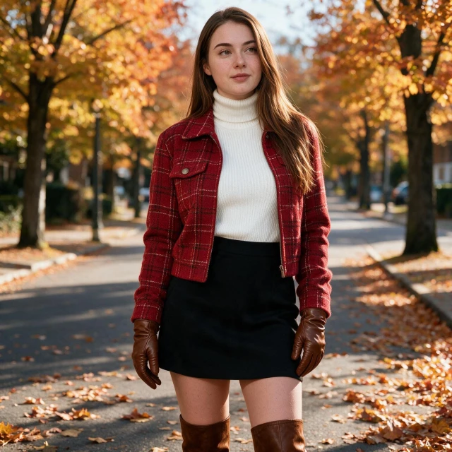 wearing a white turtleneck sweater, red plaid cropped jacket, black mini skirt, brown thigh-high boots, and brown leather gloves, standing on a charming fall street, looking serene, three-quarter view, elegant cozy autumn vibe.
