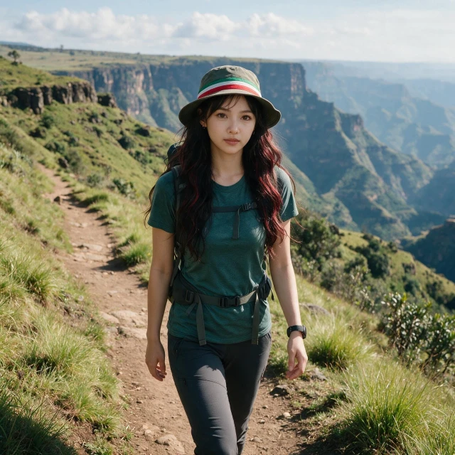 A girl with dark grey hiking leggings, patina green hiking t-shirt with short sleeves, cap with green, white and red band, and small hiking backpack, walking along scenic trail in the Simien Highlands, typical Ethiopian highland landscape and greenery, canyon of the Blue Nile River in the background, looking directly at viewer