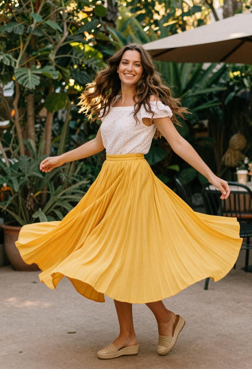 Marigold yellow pleated midi skirt twirling in garden setting, joyful spring look