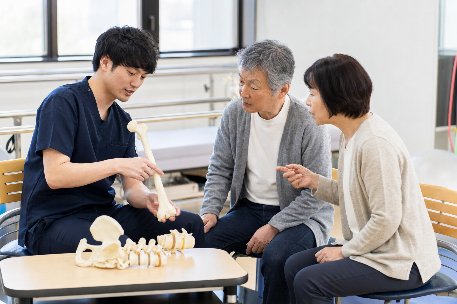 脳卒中後の骨の変化を専門職と確認する様子