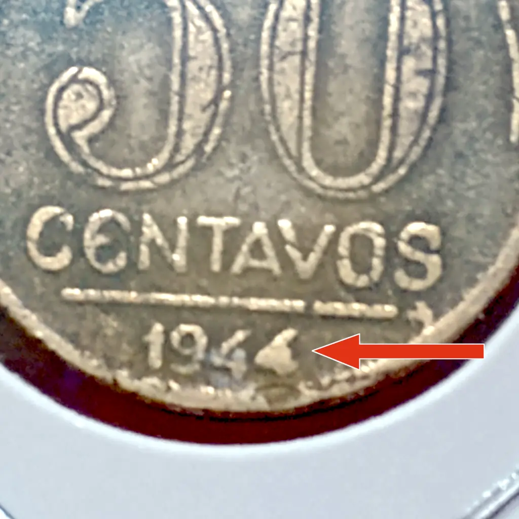 Moeda 50 Centavos 1944 com Defeito do 4 Entupido na Data e Sem Sigla No Anverso – MBC