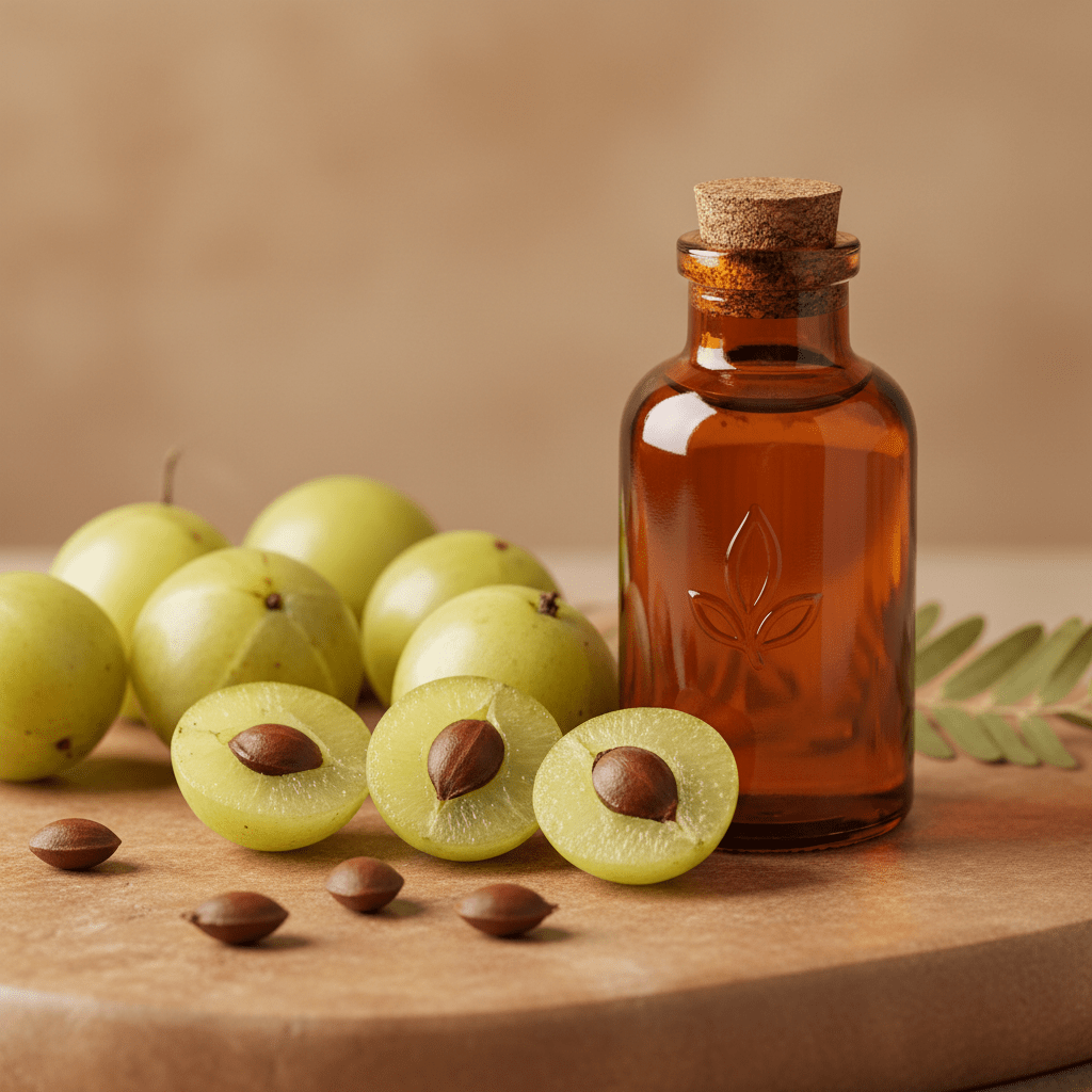 Amla fruits, seeds, and a bottle of hair oil on a natural skincare surface