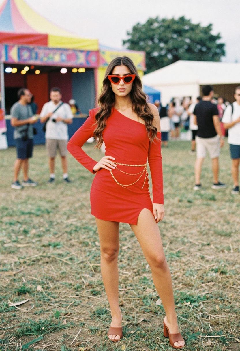 Scarlet one-shoulder mini dress with gold body chains for bachelorette crew