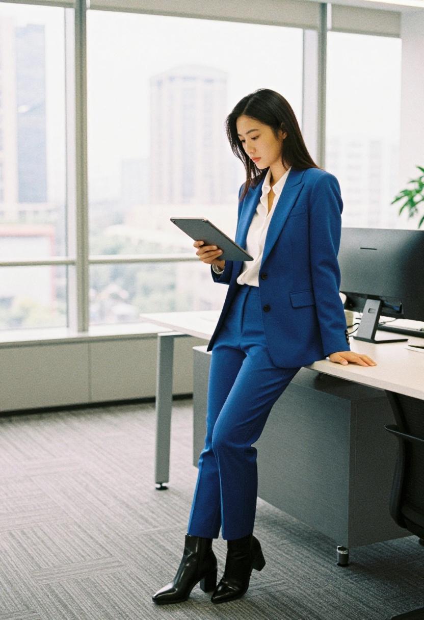 Cobalt blue blazer and tailored trousers with black ankle boots for corporate style