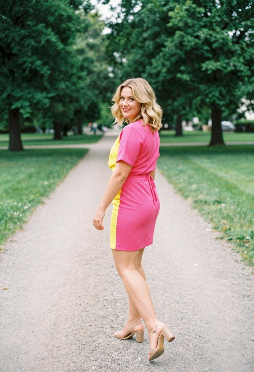 Fuchsia and yellow colorblock wrap dress on garden path