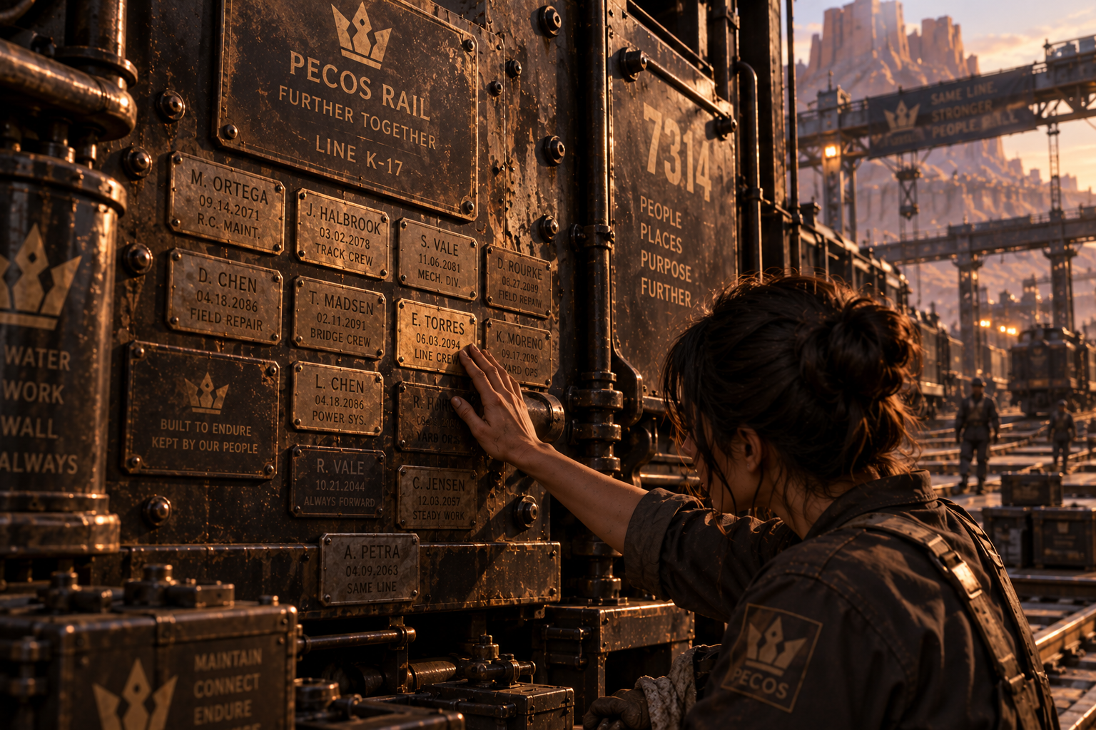 A Pecos mechanic examining generations of maintenance plates attached to old rail machinery