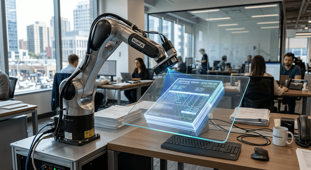 Automazioni AI: guida completa e pratica all’automazione intelligente in azienda 4 Un braccio robotico che scansiona ed elabora una pila di fatture digitali su uno schermo trasparente in un moderno ufficio, a dimostrazione di un caso d'uso finanziario per l'automazione AI.