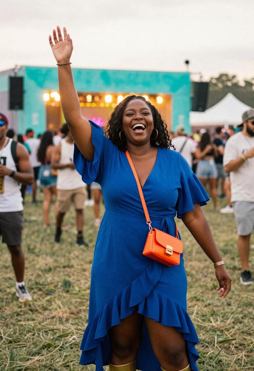 Plus-size woman in vibrant cobalt wrap dress with flutter sleeves at a spring concert