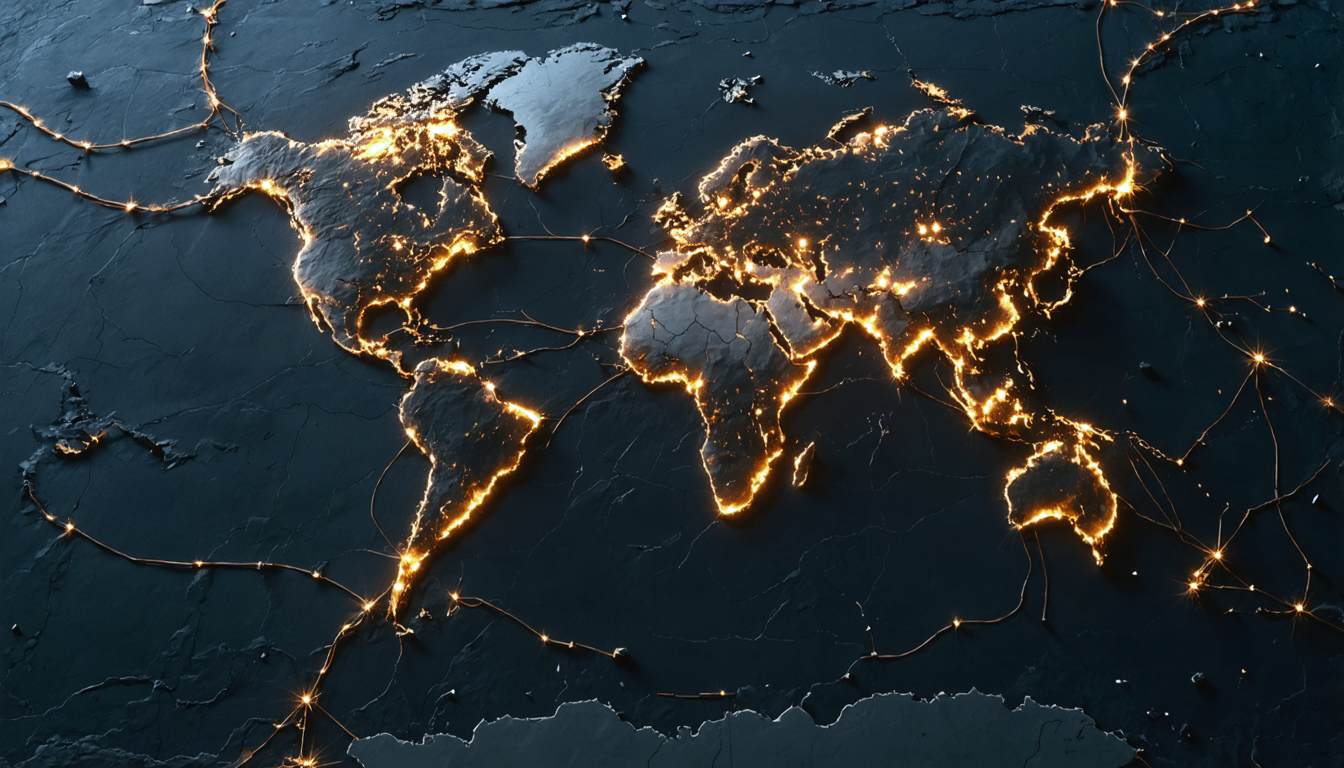 A vast railway network branching across a dark continental map, thin luminous lines crossing and enclosing wide territory.