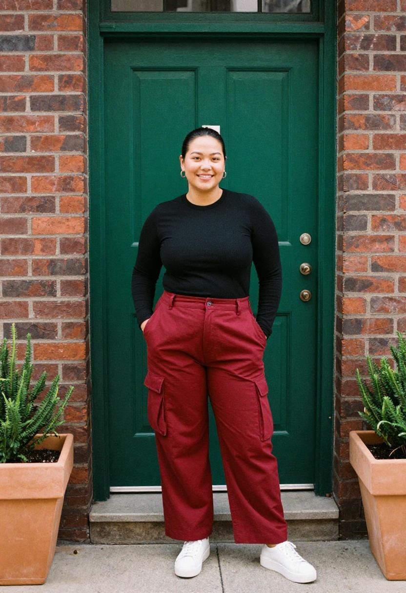 Berry red cargo pants with black ribbed top urban brick doorway confident look