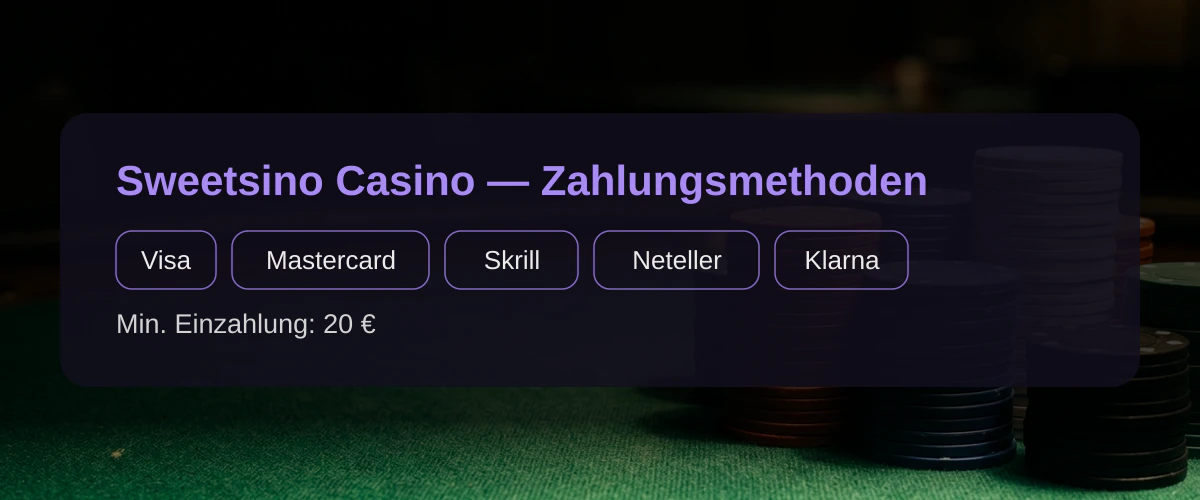 Sweetsino Casino — Zahlungsmethoden: Visa, Mastercard, Skrill, Neteller, Klarna