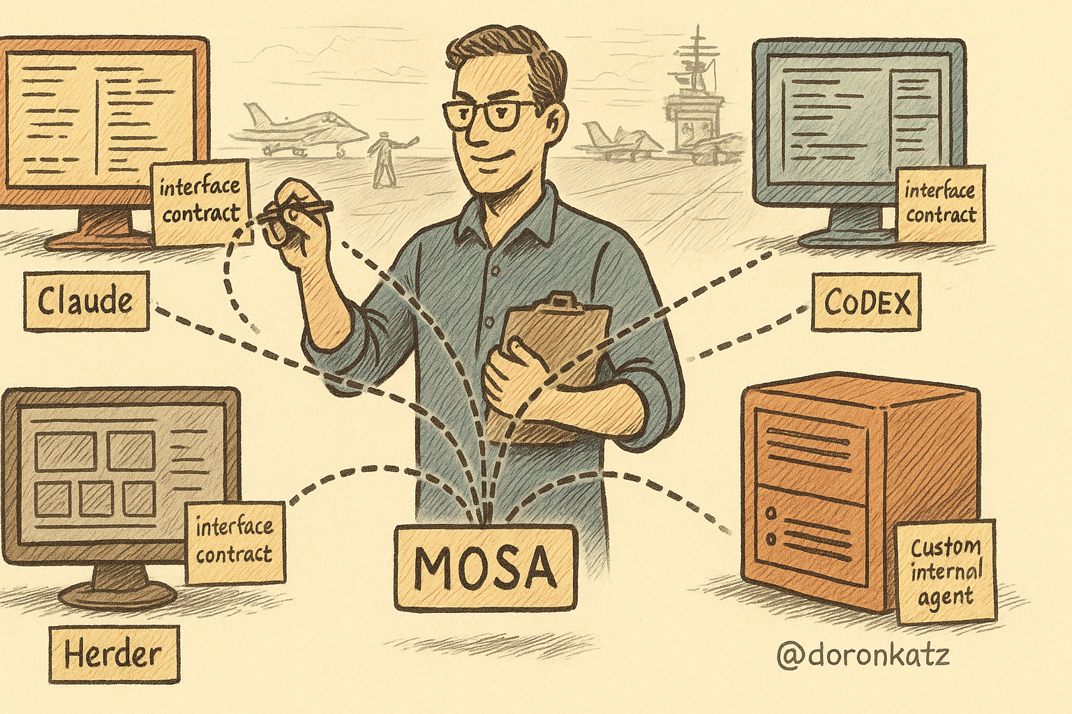 Article hero — TPM coordinating four independent AI agents via MOSA interface contracts, with a faintly sketched Navy carrier deck in the background, retro hand-drawn editorial style