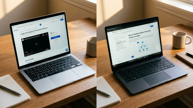 A split view showing two laptop screens side by side, one displaying Google Career Certificates on Coursera and one showing Microsoft Learn modules, warm study environment