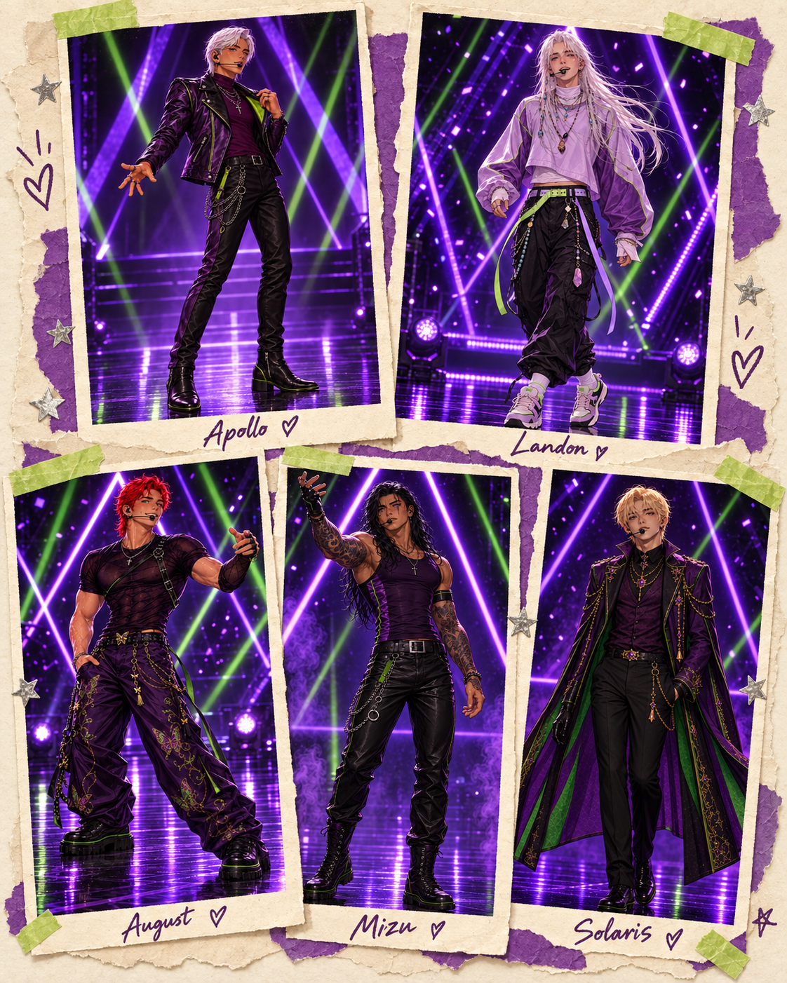 Venom member scrapbook featuring Apollo, Landon, August, Mizu, and Solaris.