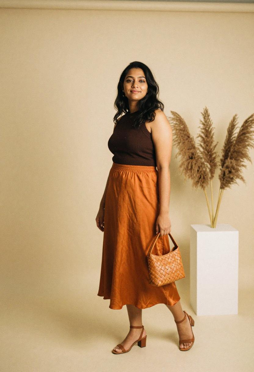 Rust-orange midi skirt and chocolate knit top for an earth-toned work outfit