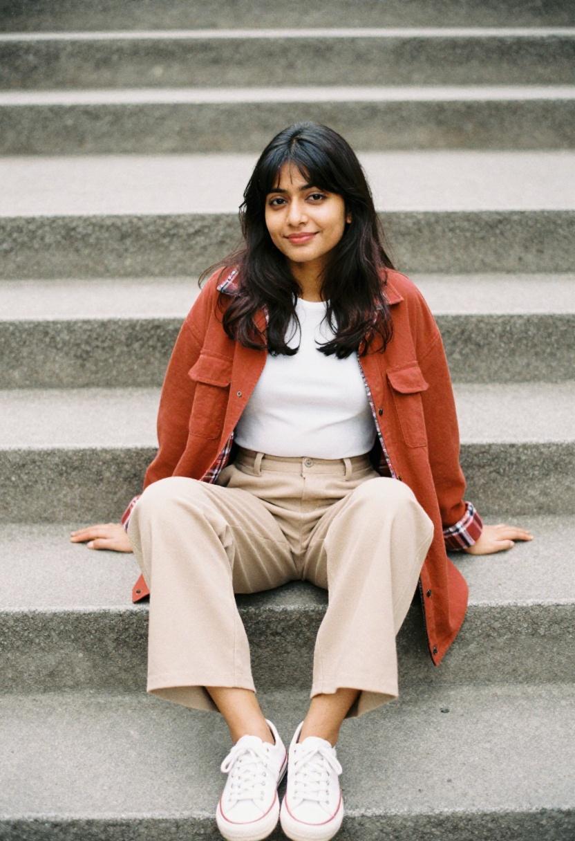 Terracotta shacket layered over ribbed tee and cropped trousers for spring street style