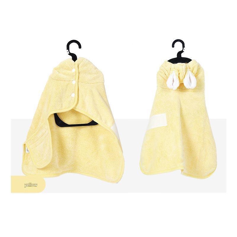 Yellow XS size Pet Drying Robe with Hood - Quick Dry Coral Fleece Towel for Dogs and Cats, Super Absorbent Bathrobe with Cute Rabbit Ears, Adjustable Fit for All Sizes, Easy to Wear and Machine Washable