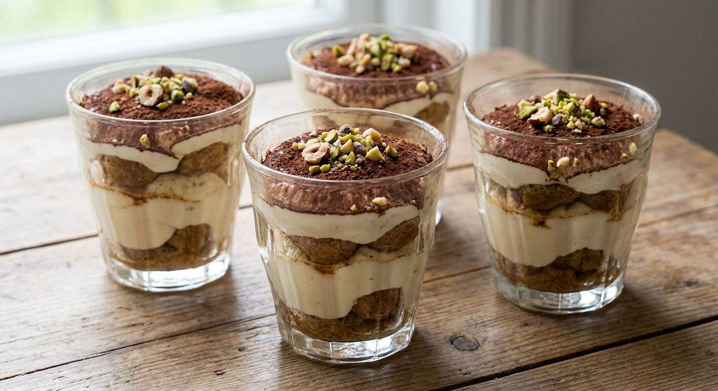 Tiramisu w pucharkach bez jajek z orzechami.
