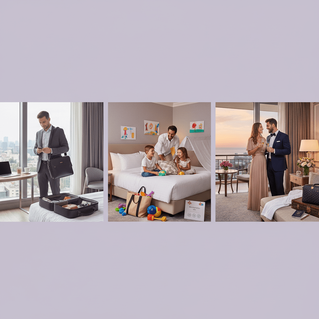 Three hotel guest personas: business traveler, family, and luxury couple